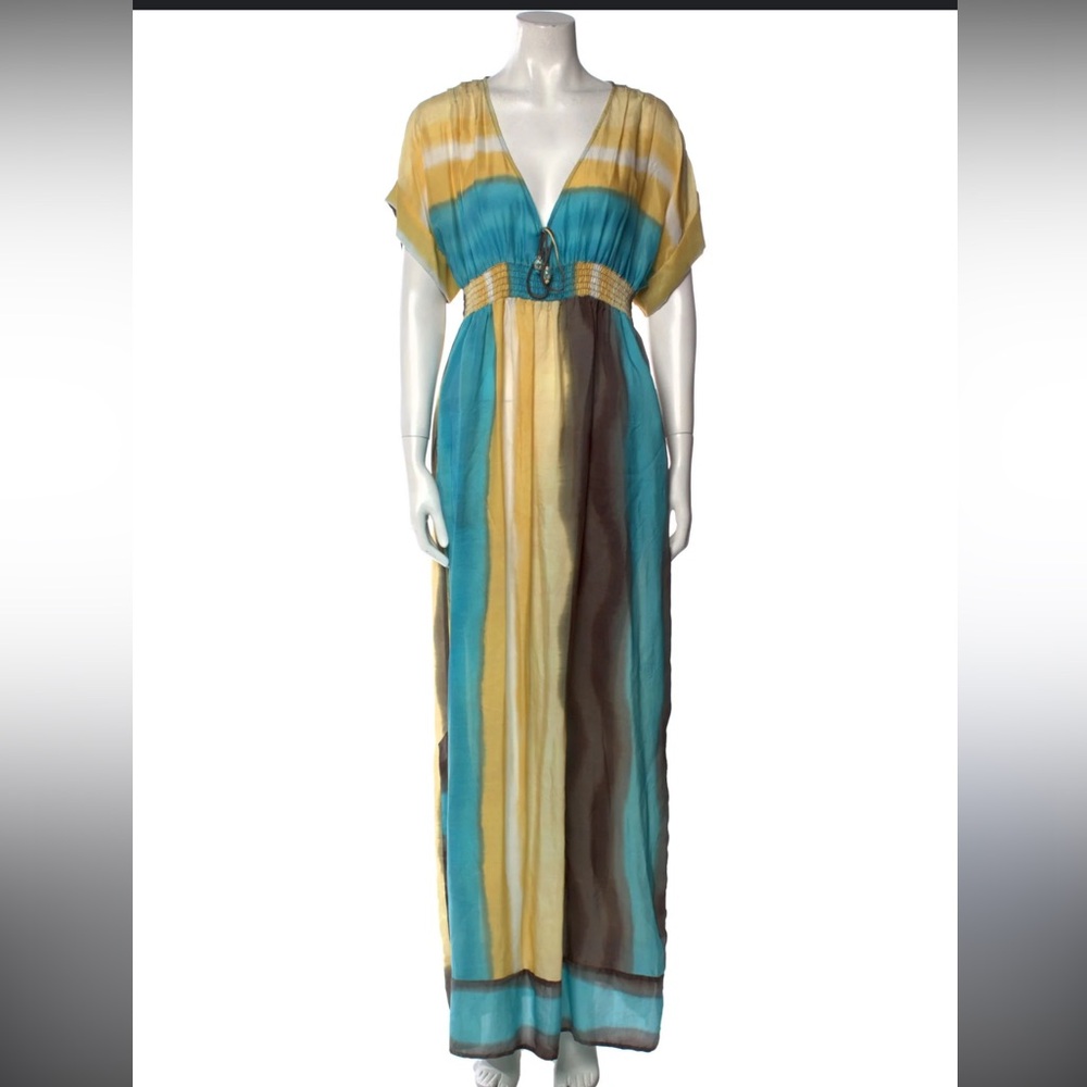 Calypso St. Barth Blue and Gold Maxi Silk Dress with Slits
